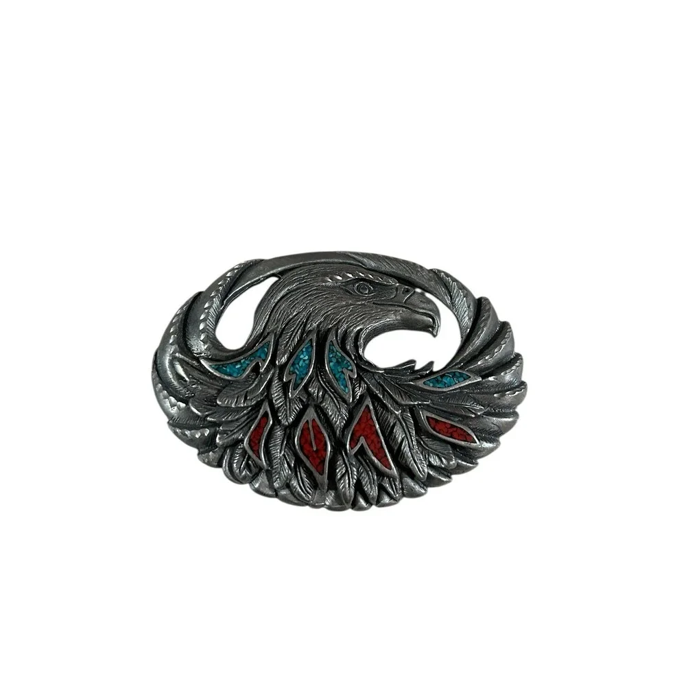 Turquoise Coral Eagle Biker Veteran Native American 2002 Vintage‎ Belt Buckle
